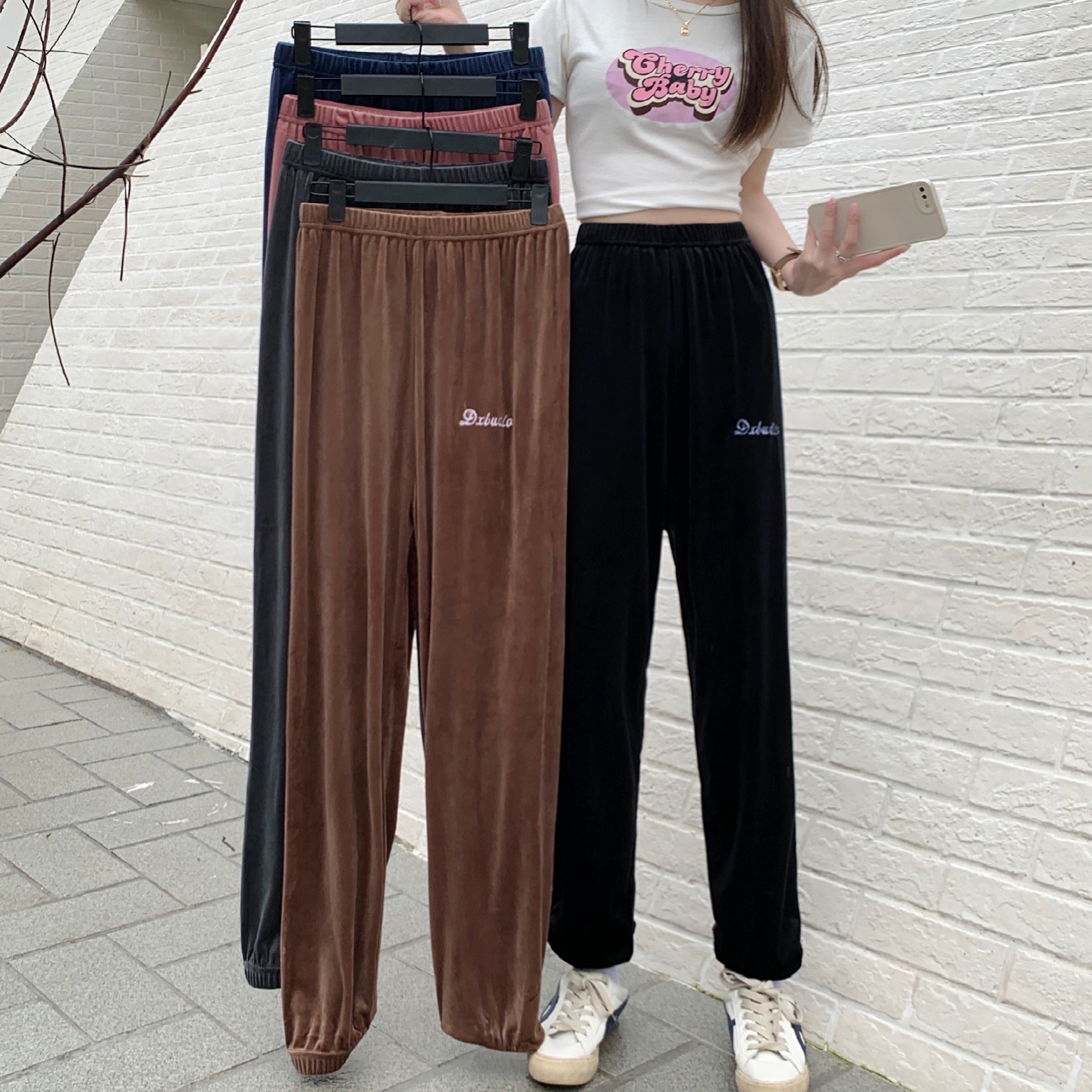 Real shot velvet casual pants female student Korean loose high waist legged bloomers 2022 new Sweatpants