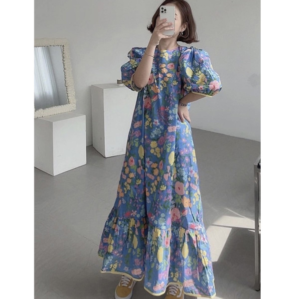 2023 Summer New Korean Style Retro Floral Long Skirt Women's Fashion Casual Printed Temperament Age-Reducing Super Fairy Dress