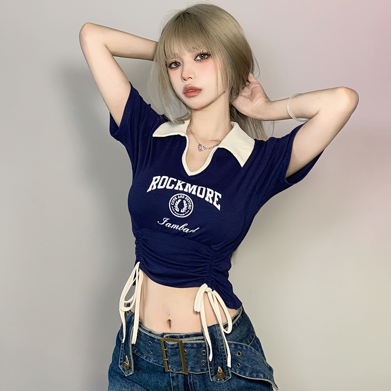 Ice hot girl style contrast color Polo neck drawstring waist print T-shirt women's short slim niche top