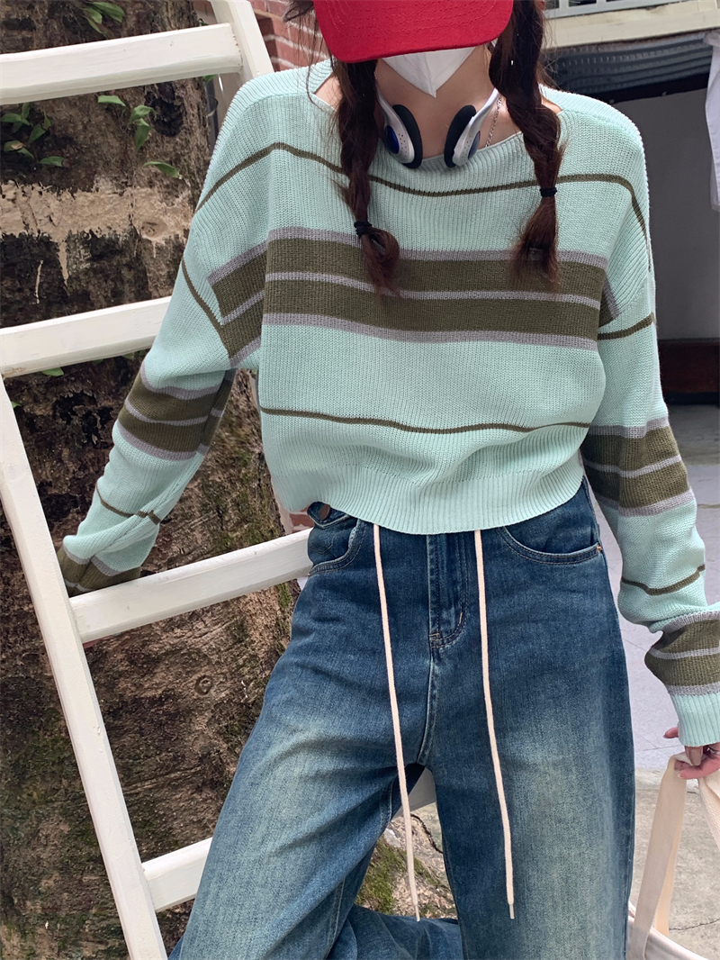Real shot real price autumn new Korean version one word collar loose bump stripe long sleeve sweater sweater woman
