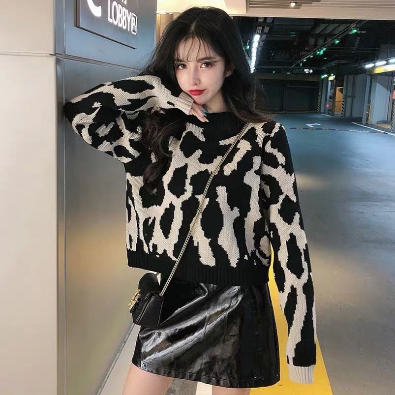 2021 autumn winter new half high collar leopard loose and versatile bottomed sweater Korean long sleeve short blouse women