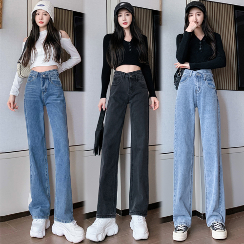 Three length retro light blue high waist design cross waist jeans women's thin floor mops