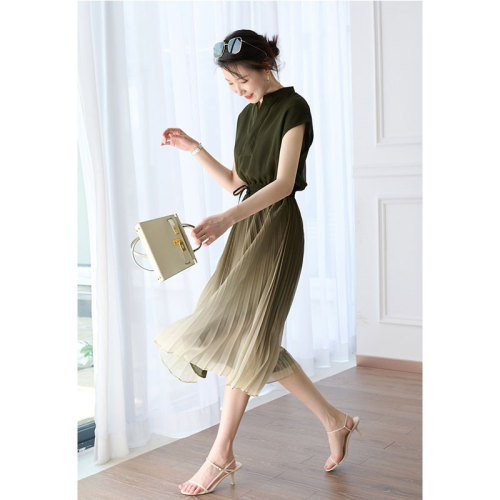 Elegant temperament, the collective likes it! Pleated gradient thin lace up elastic waist dress for women spring / summer 