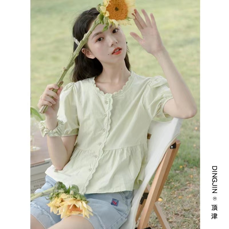Summer new Korean version cute and versatile puff sleeve lace lace doll shirt short sleeve top