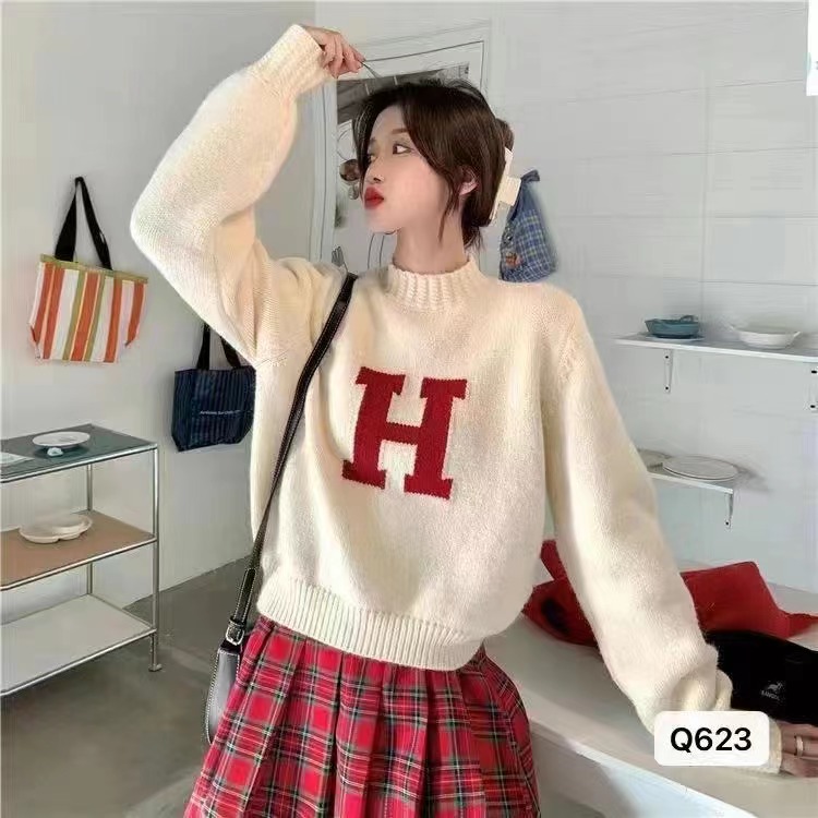 2022 autumn and winter new Korean style design lazy half-high collar letter jacquard long-sleeved top