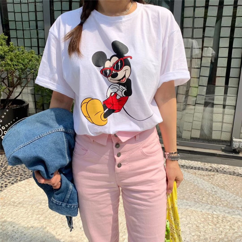 South Korea East Gate same Korean round neck simple slim Pure Cotton Short Sleeve White Mickey t-shirt female