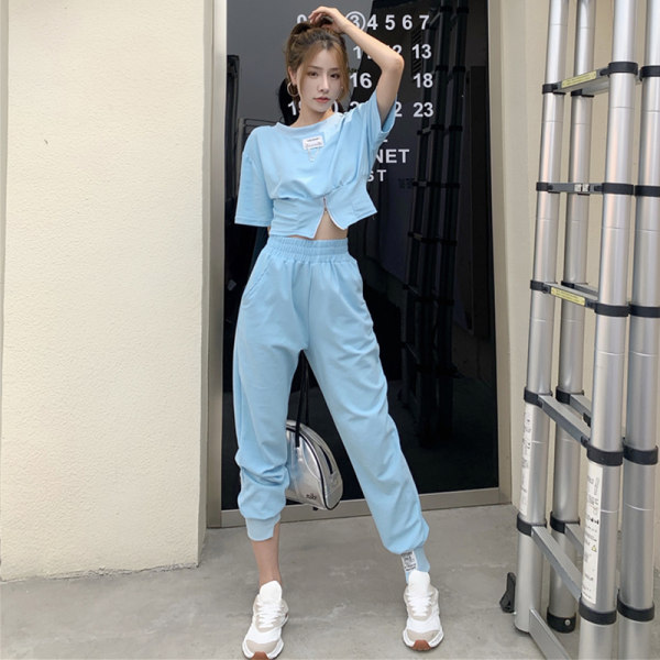 Casual sports suit women's summer design label close waist short sleeve top high waist corset casual pants two piece set