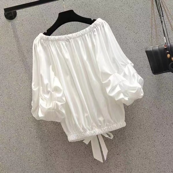 Summer large size mm fat sister versatile belly covering medium Sleeve Chiffon shirt off shoulder bubble sleeve top loose 200 kg