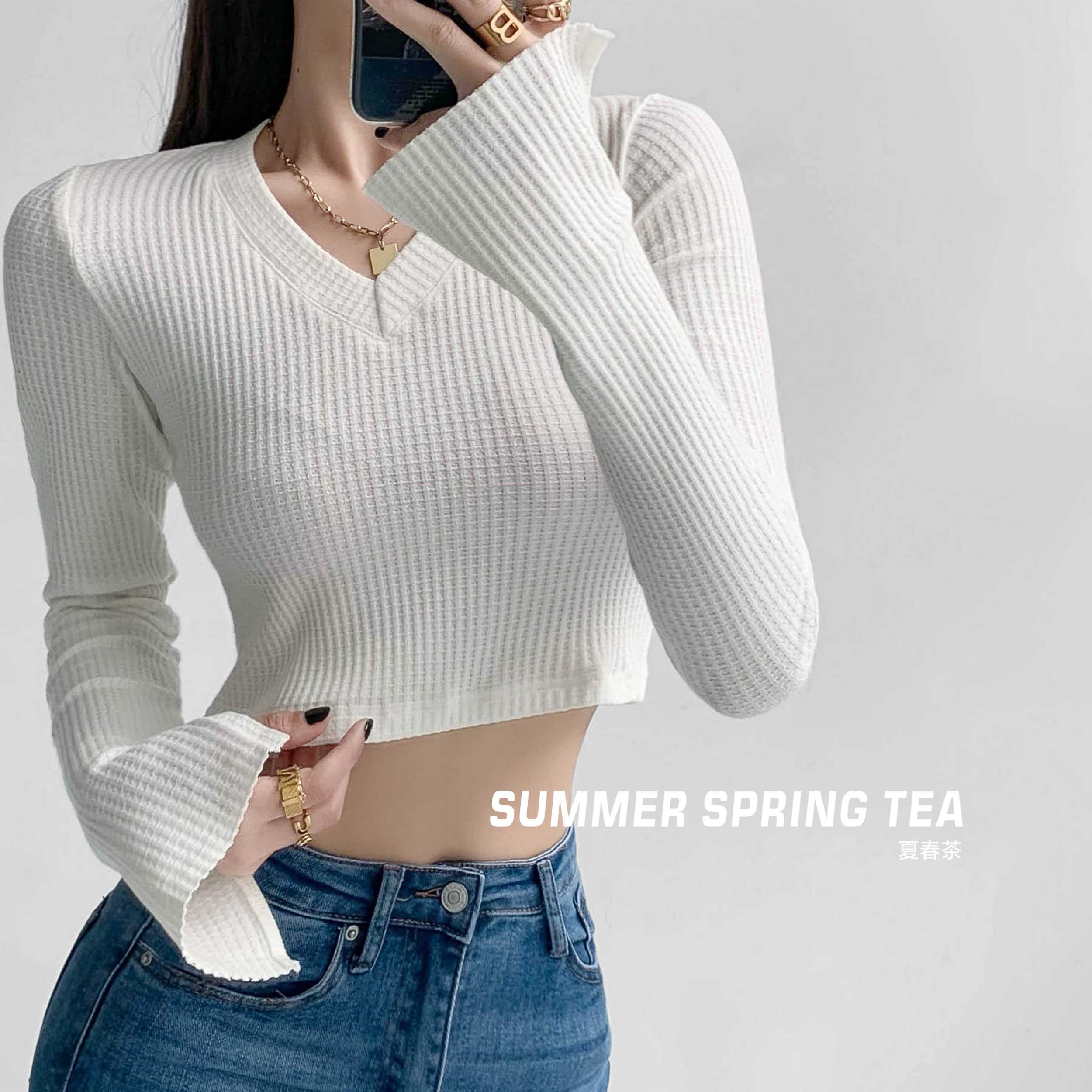 Summer spring tea in Europe and America with slim clavicle collar, slim long sleeved top, women's careful machine split cuff bottoming shirt