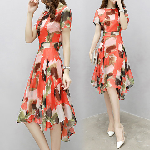 2022 summer new Korean large size women's dress fat sister A-line skirt short sleeved dress medium long bottomed skirt
