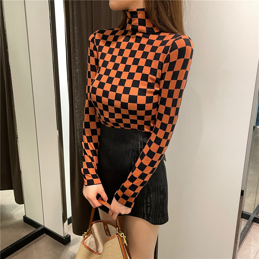 Real price real shooting high collar bottomed shirt women's autumn and winter foreign style explosion thickened checkerboard sweater with knitted women's sweater