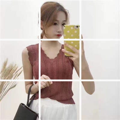 Summer new Korean V-neck hollowed out slim fit versatile sweater thin solid color Pullover bottomed vest women