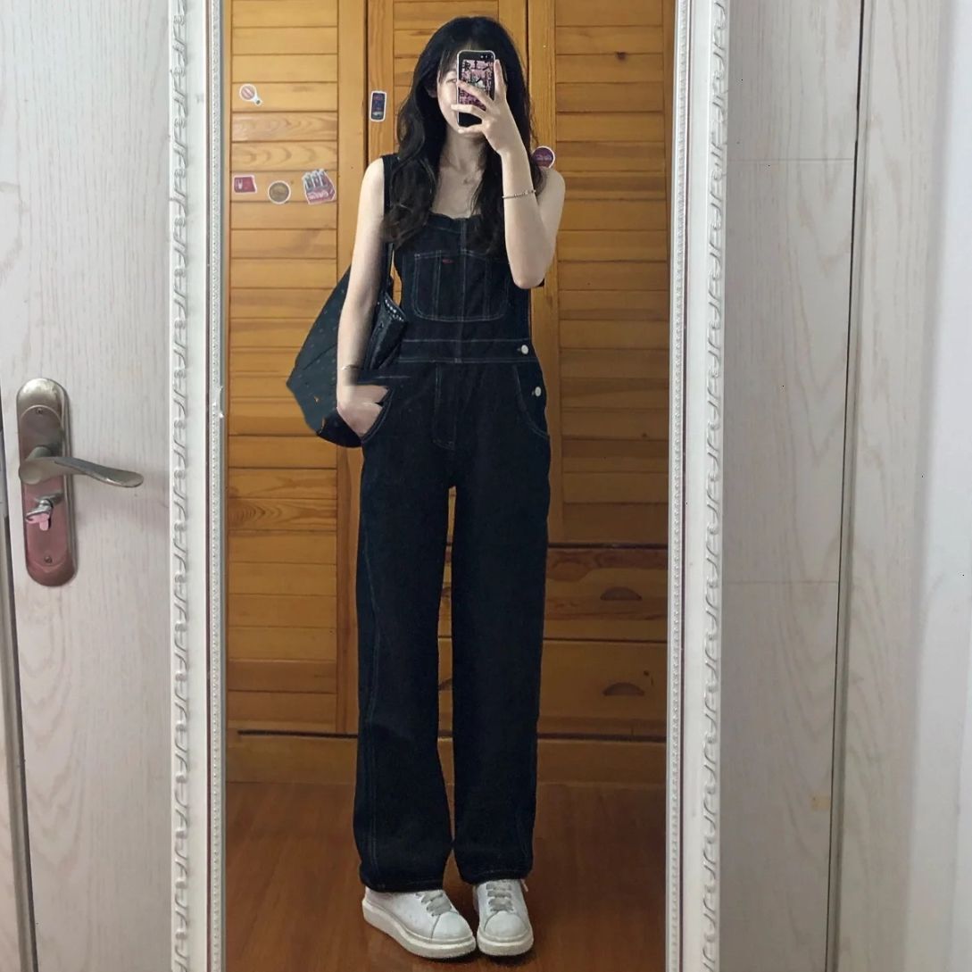 Lazy casual small-tone droopy overalls for women in spring and summer high-waisted retro loose slimming wide-leg suspenders jumpsuit