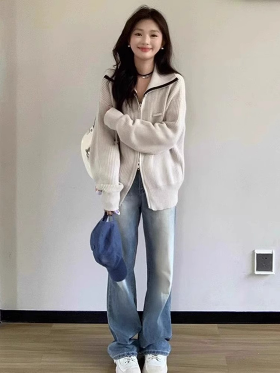 秋冬裝新款大碼女裝大板型設計感小眾慵懶風灰色針織開衫外搭毛衣