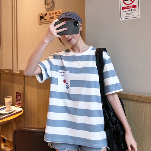 Real photo summer new school Stripe Print loose large short sleeve T-shirt for women