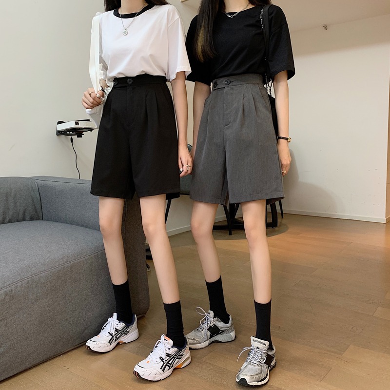 Grey suit shorts women's high waist loose straight tube wide leg casual pants
