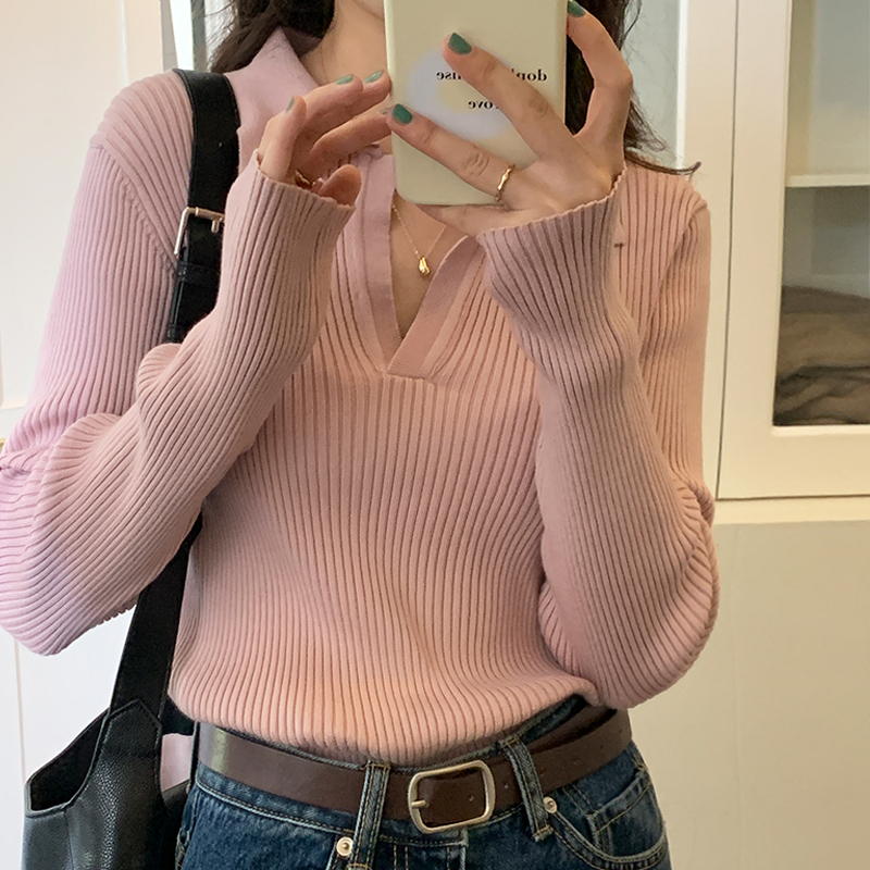 Real shot bottoming shirt women's autumn and winter gentle and chic niche temperament wear thin V-neck sweater top new style