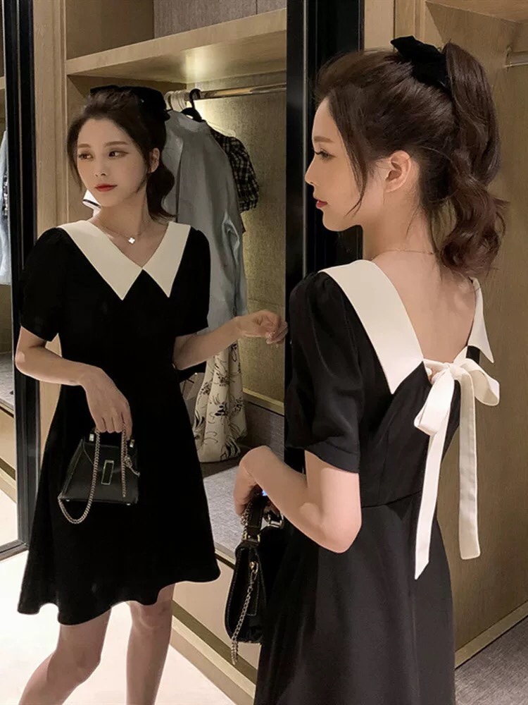 Summer new large doll neck off shoulder bow tie tie dress Hepburn style small black skirt