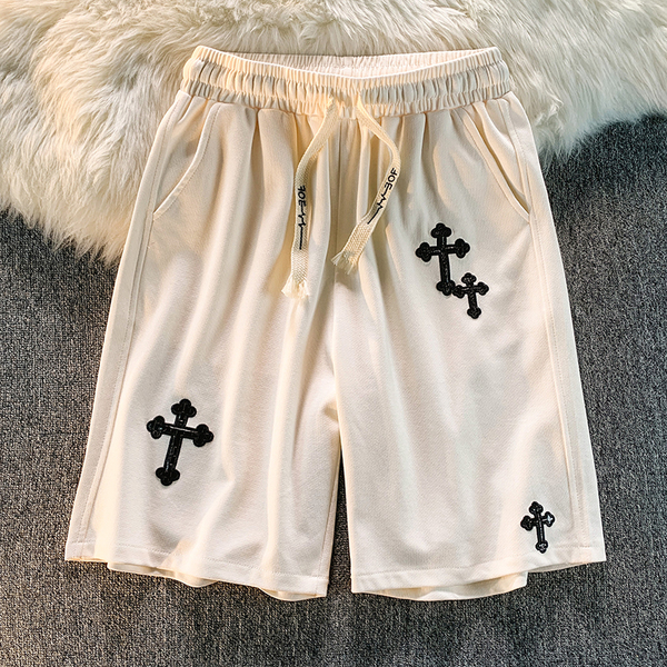 6535 fish sparkling + embroidered summer American retro cross embroidered sports Capris men's shorts