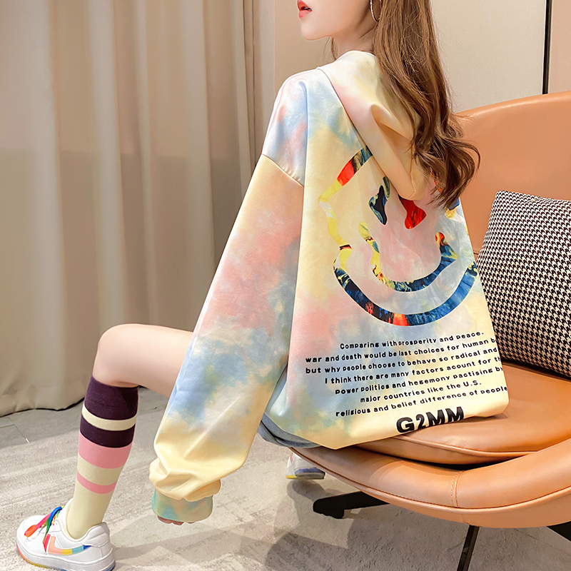 Real shot western style medium length printed hooded sweater women's loose Korean fashion tie dyed long sleeve coat spring and autumn thin