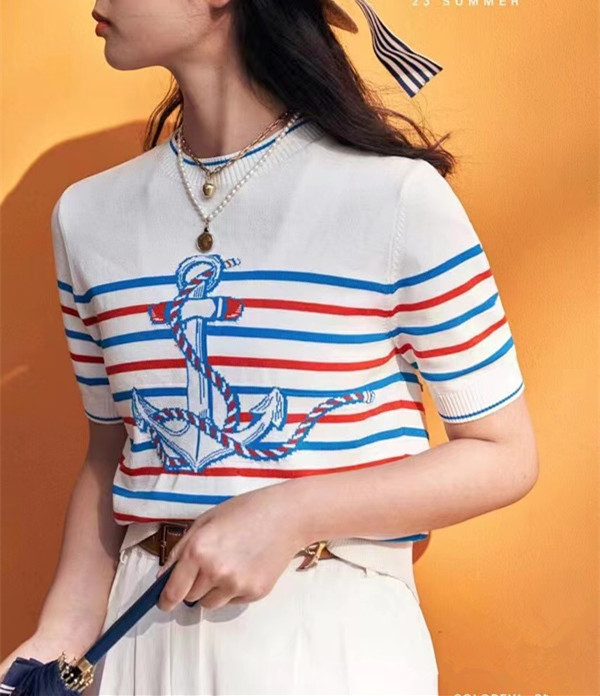 Women's 2023 summer new casual all-match waist short-sleeved striped sweater top P126803E