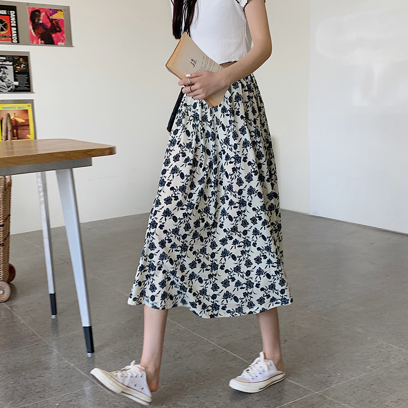 Real shot with lining new slimming hip-covering high-waist French retro line draft printing skirt for women