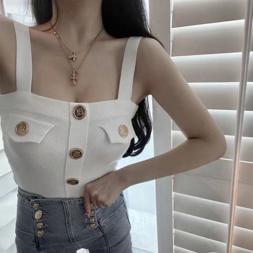 Wuuus letter button knit vest women's new style with bottom suspender inside and short hot girl top with Strapless outside