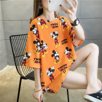 Cartoon mouse men's and women's loose fitting round neck student's casual versatile bottoms missing short sleeves