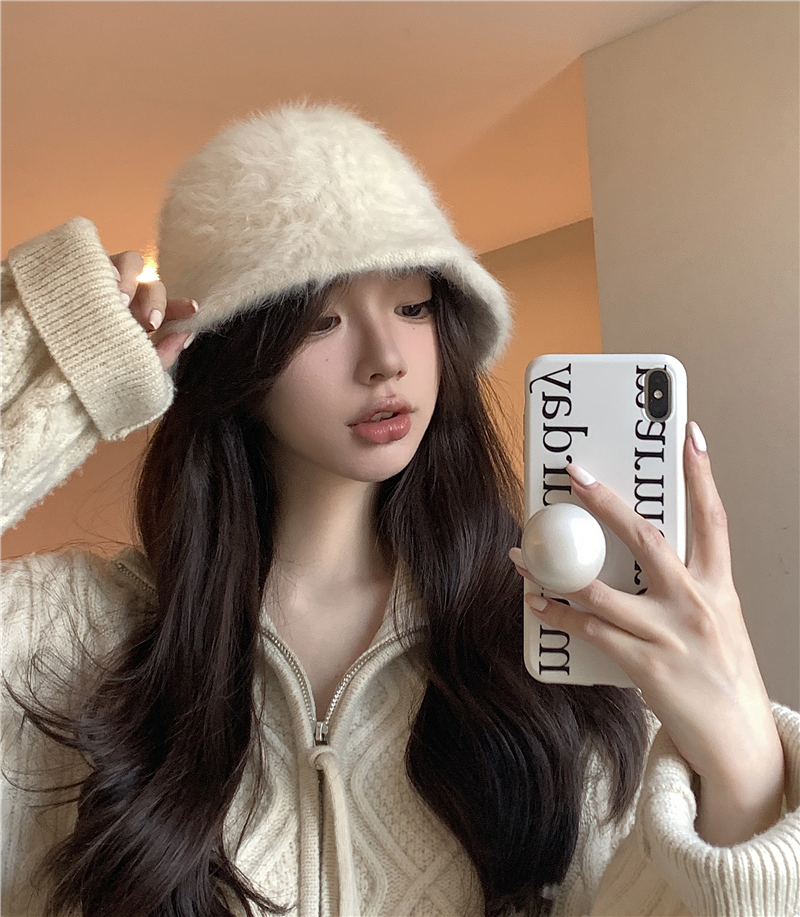 Real shot no discount imitation rabbit fur fisherman hat cute Japanese furry basin hat warm white plush small bucket hat