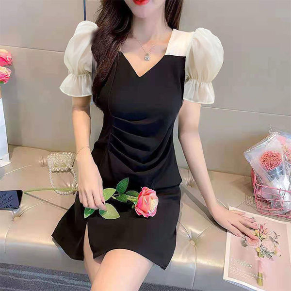 Black dress women's 2021 summer slim short sleeve skirt children's versatile summer dress women's middle length