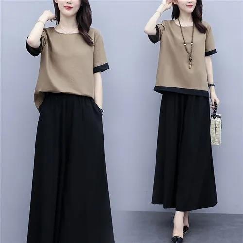Suit women's summer dress large size loose fat mother age reduction fashionable foreign style cover belly Wide Leg Trouser skirt two piece set