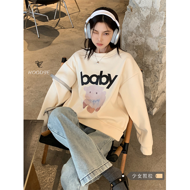 310g imitation cotton interwoven fabric can't pill, winter thickened and fleece sweater women's round neck print, back bag strip