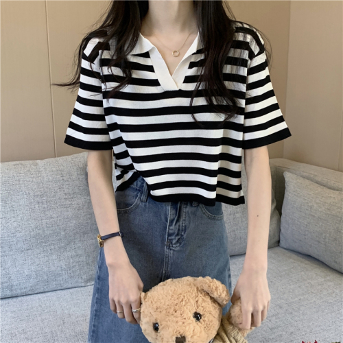 Real price summer new striped Polo collar sweater short sleeve jacket