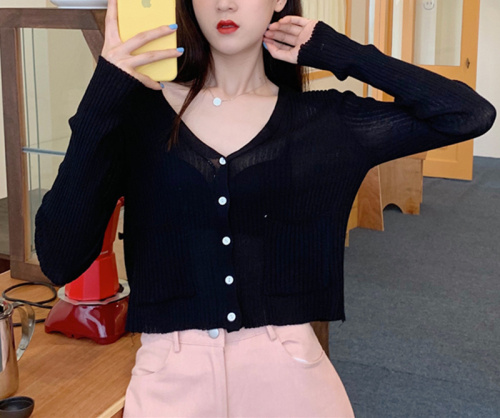 Ice silk knitted cardigan women's long sleeve summer new loose and versatile short V-neck top thin sun proof air conditioning shirt