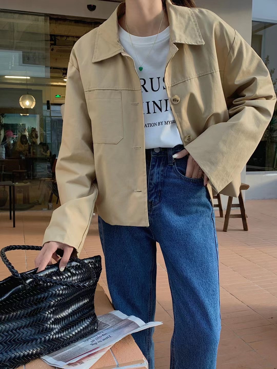 Real shot Korean design short windbreaker coat