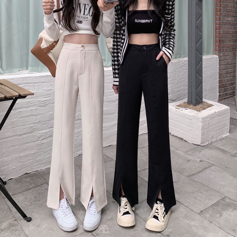 Real shooting and real price ~ Korean version of spring new pure color high waist thin open fork hanging slightly flared pants casual pants