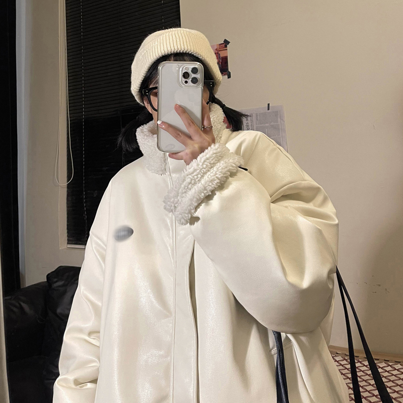 White pu leather lamb wool coat women's winter thickened double-sided cotton clothing Korean version loose ins Harajuku Hong Kong style cotton jacket
