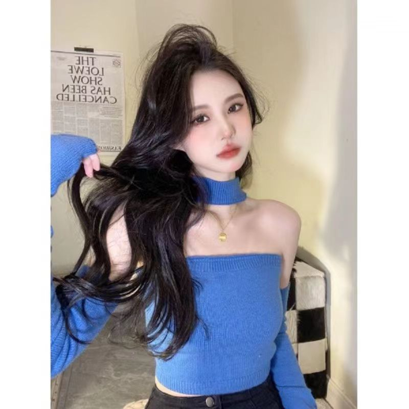 Brushed new style pure desire style sexy short one word shoulder sleeve sleeve hanging neck top female hot girl bottoming shirt