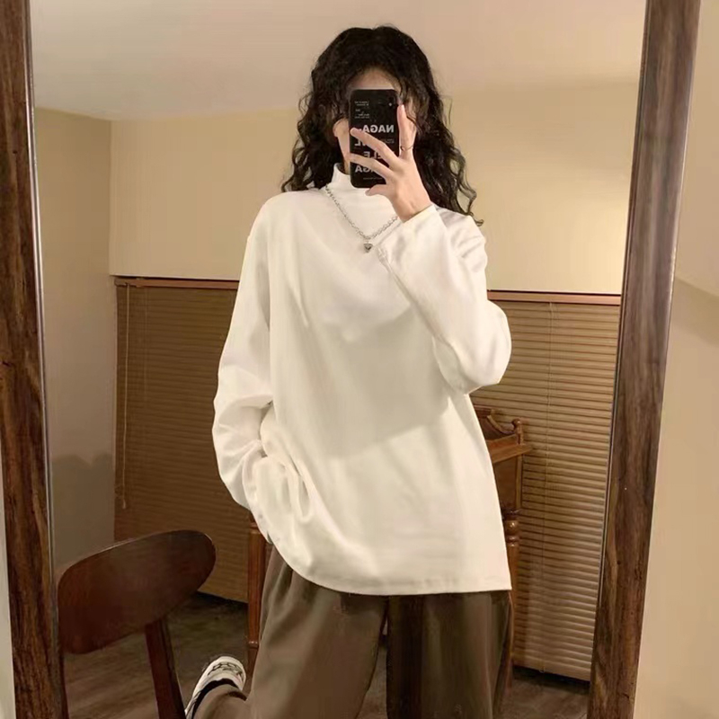 Double-sided German velvet brushed high-waisted T-shirt women's long-sleeved middle-neck loose