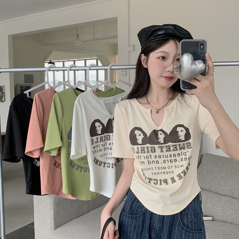 Large size women's letter printing small V-neck short-sleeved t-shirt women's summer fat mm slimming short small open-neck top