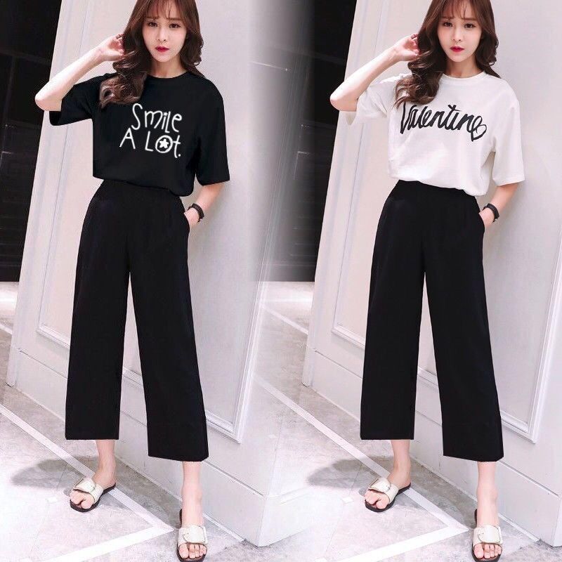 Five patterns Summer Student Korean fashion short sleeve T-shirt wide leg pants two piece women's sports suit