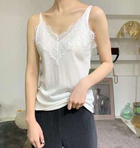 Lace lace suspender women sexy eyelashes open back flower vest bottoming sleeveless top elastic ice knitting