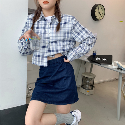 Real price 2021 early spring new short plaid shirt top