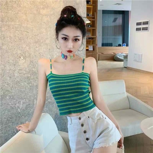Elegant style, fashion, color matching, small suspender vest, Korean version, short fit, western style stripe bottoming shirt, new summer style