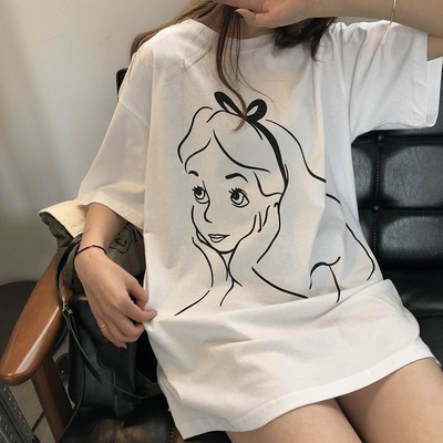 Korean printed medium long short sleeve t-shirt female student loose top