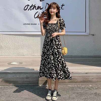 Spring and autumn new French retro small foreign style high waist slim long sleeve Floral Dress
