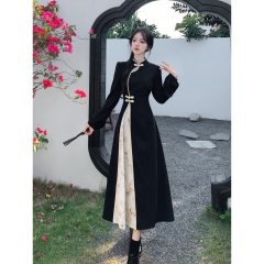 Real shot  Solid color with lining~ Autumn new style national style retro modified cheongsam temperament hidden pattern dress 