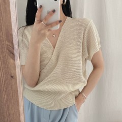 Oblique V-neck elegant cross lazy wide shoulder short sleeve T-shirt