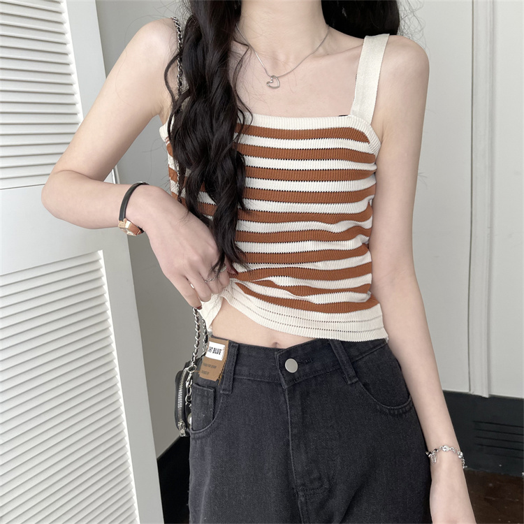 Korean style simple spaghetti straps striped color matching knitted bottoming outer vest for women summer slim fit