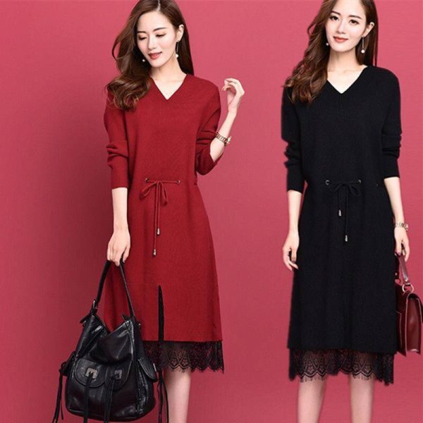 2021 autumn and winter new wool dress long knee length long sleeve knitted bottomed shirt thin lace dress women